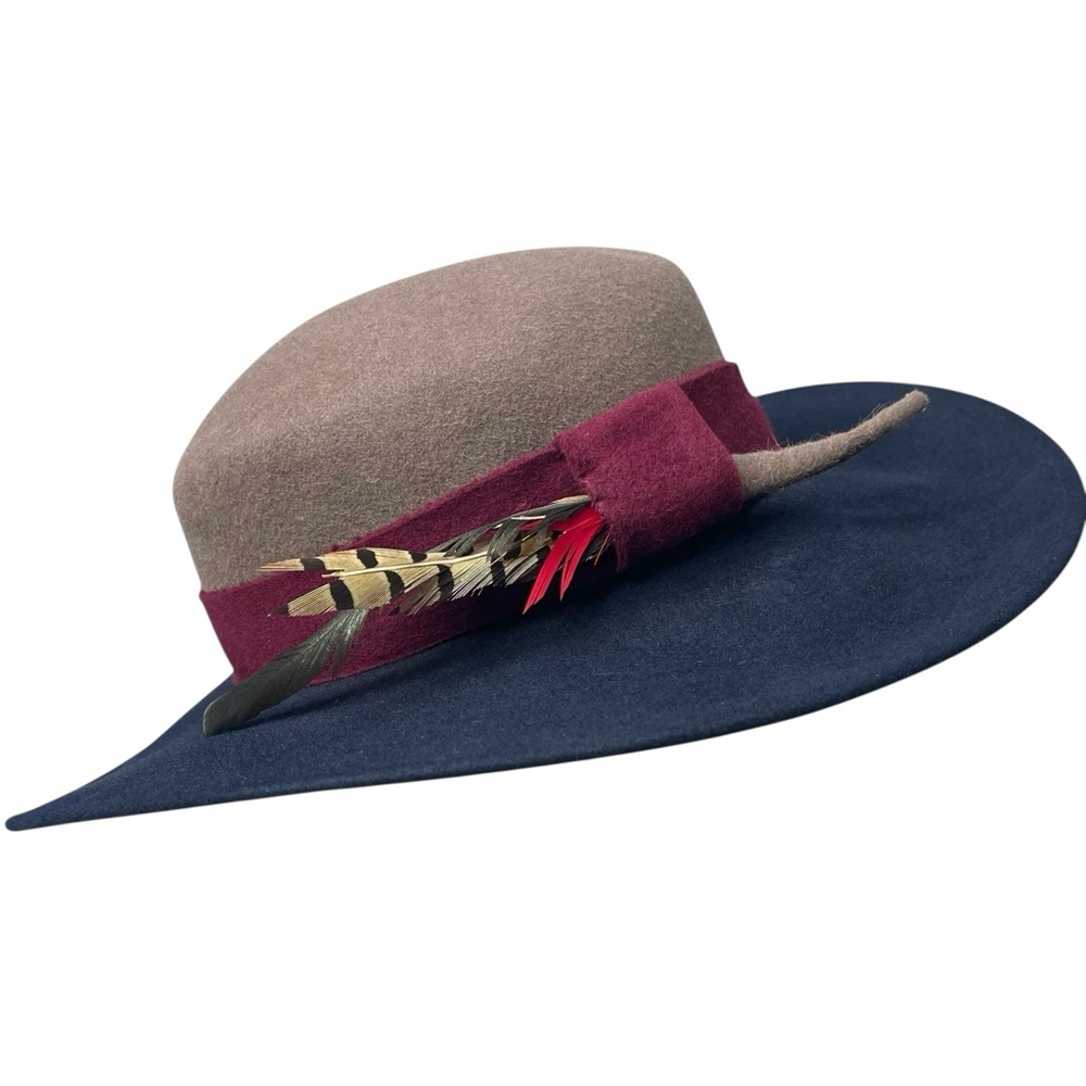 Frank Olive Private Collection Wide-Brim Two-Tone Fedora Feather Felt Hat